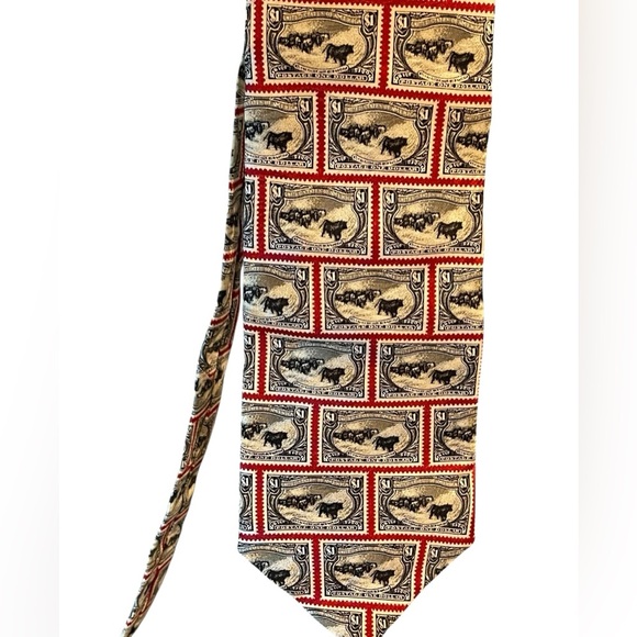 📈📊100% Silk Postage themed tie with $1 stamps. Black, red, white hues - Picture 3 of 6